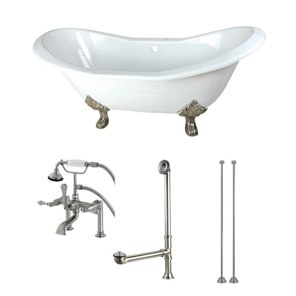 Aqua Eden KCT7D7231C8 72" Cast Iron Oval Double Slipper Clawfoot Tub with Faucet Drain and Supply Lines Combo, White/Brushed Nickel