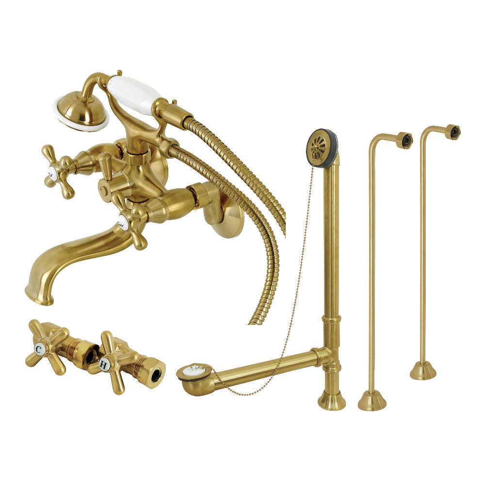 Kingston Brass CCK225SB Vintage Tub Wall Mount Clawfoot Tub Faucet Package with Supply Line, Hand Shower and Tub Drain, Brushed Brass