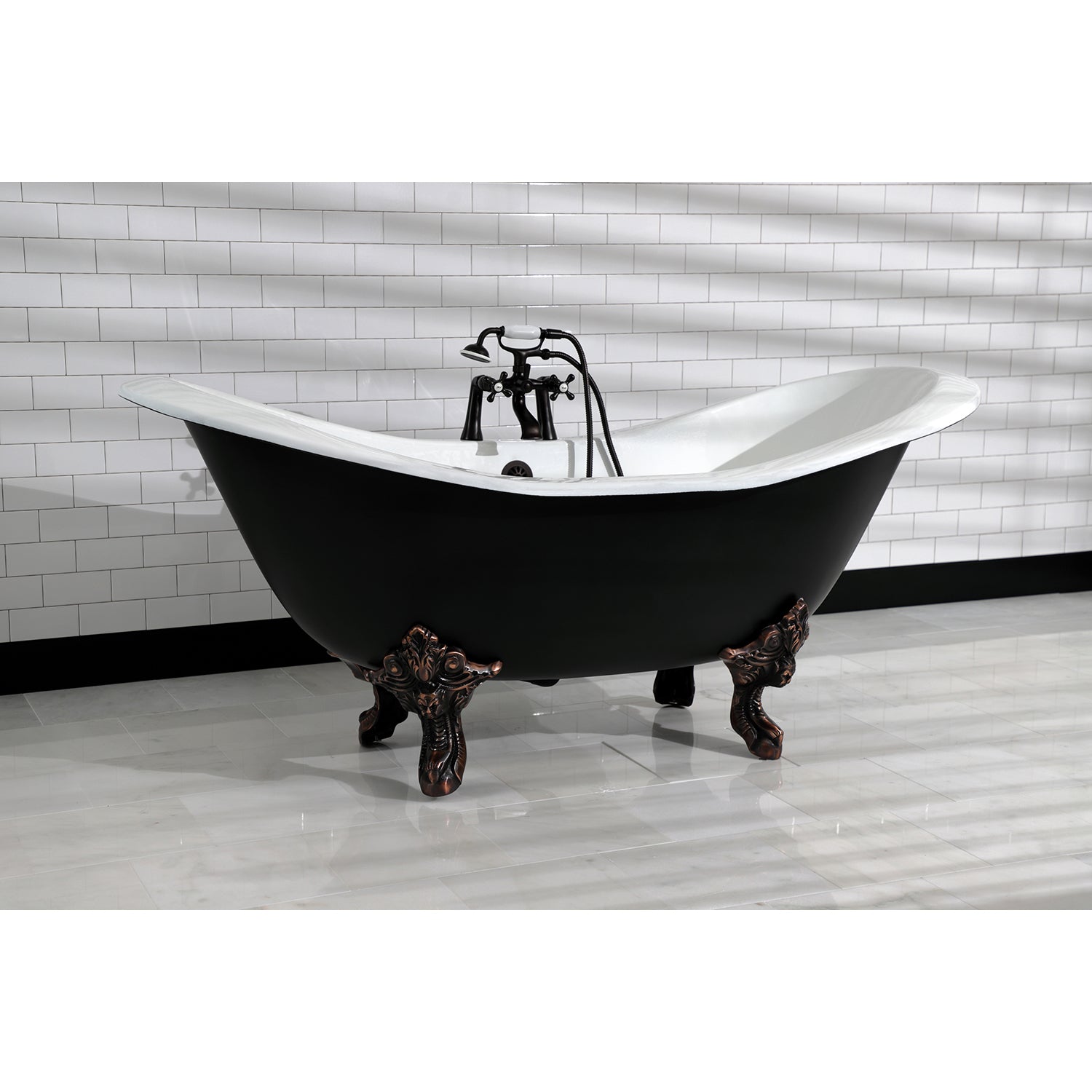 Aqua Eden VBT7D7231NC5 72" Cast Iron Oval Double Slipper Clawfoot Tub (7" Faucet Drillings), Black/White/Oil Rubbed Bronze