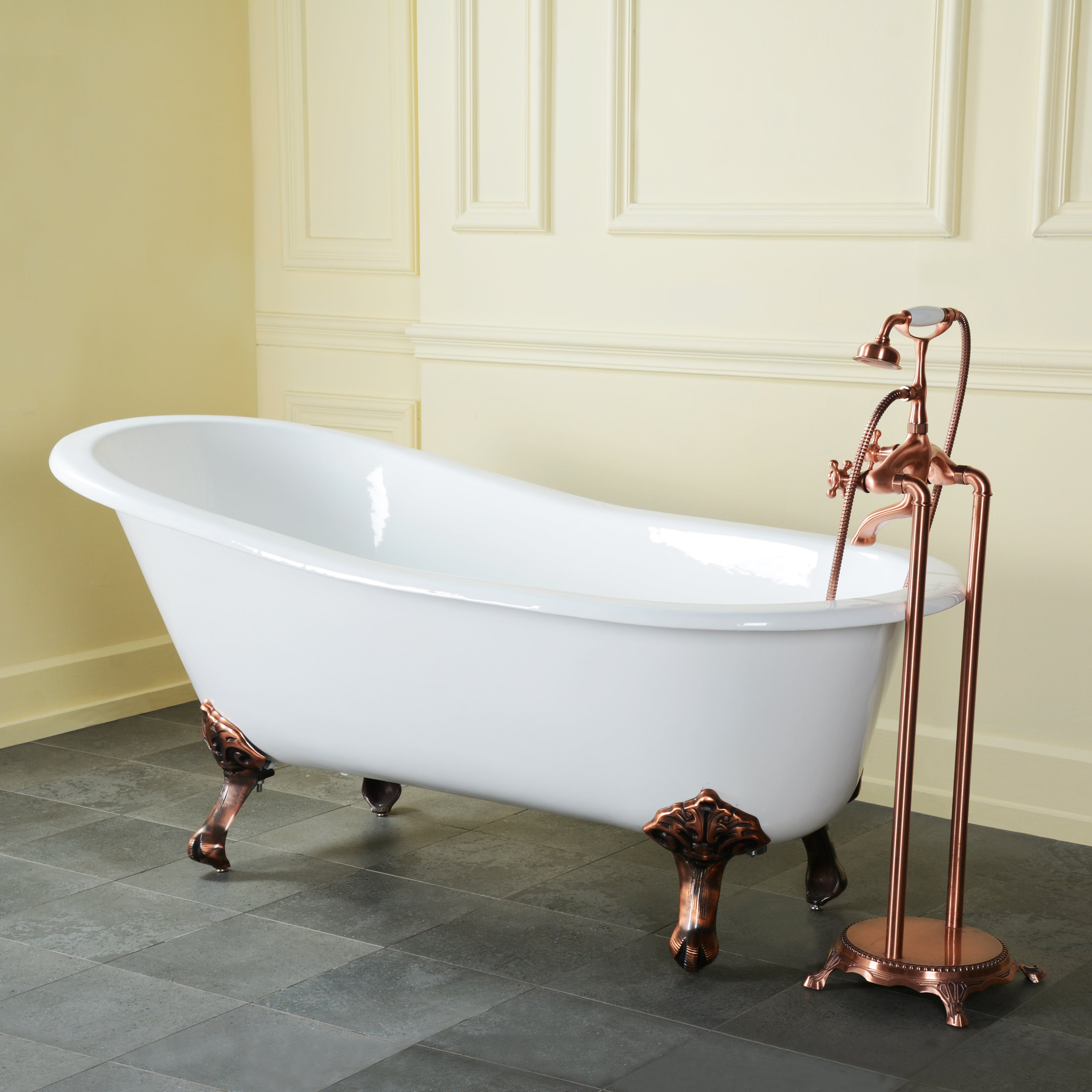 Aqua Eden VCTND5731B5 57" Cast Iron Oval Single Slipper Clawfoot Tub (No Faucet Drillings), White/Oil Rubbed Bronze