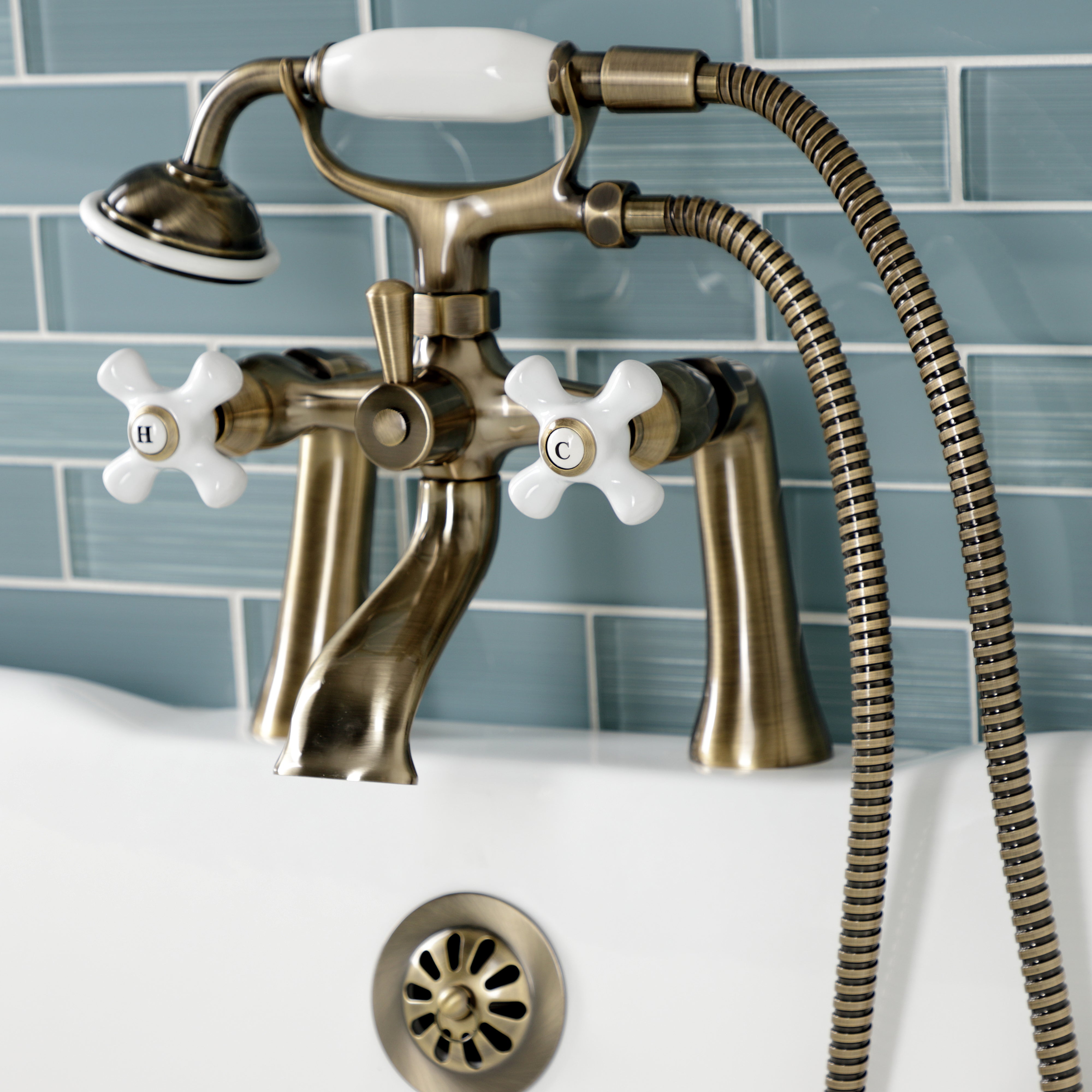 Kingston Brass KS268PXAB Kingston 7" Center Deck-Mount Clawfoot Tub Faucet with Hand Shower, Antique Brass