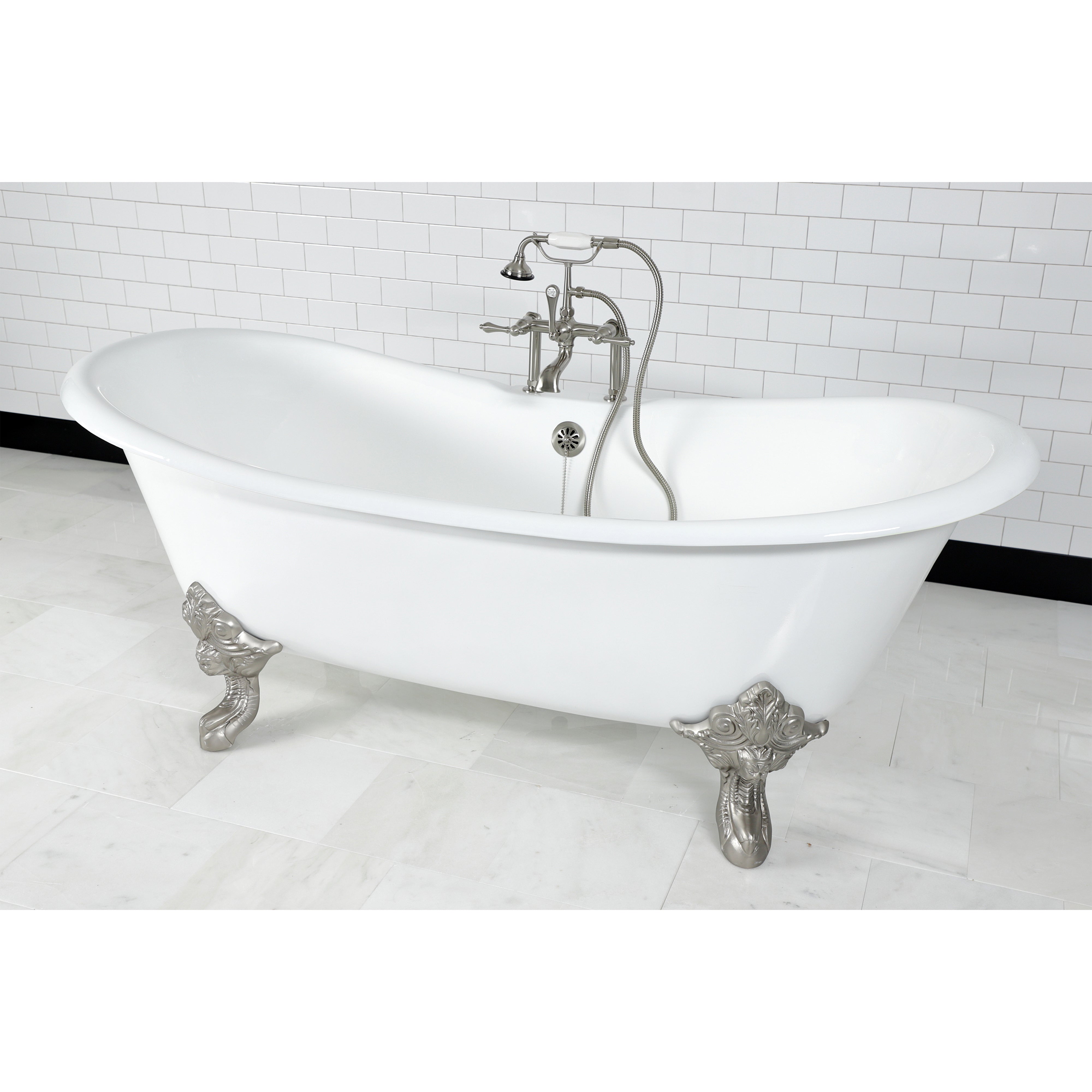 Aqua Eden VCT7DS7231NL8 72" Cast Iron Oval Double Slipper Clawfoot Tub (7" Faucet Drillings), White/Brushed Nickel