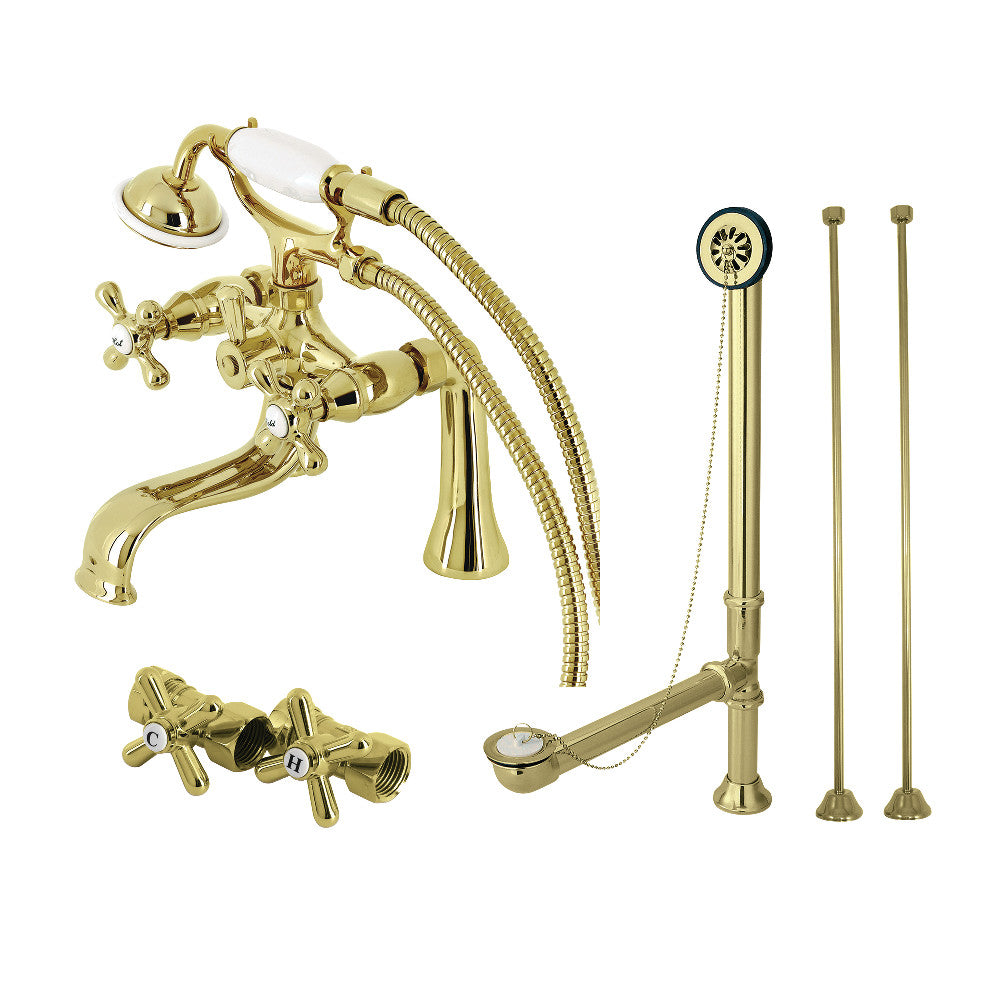 Kingston Brass CCK228PB Vintage Deck Mount Clawfoot Tub Faucet Package with Supply Line, Hand Shower and Tub Drain, Polished Brass
