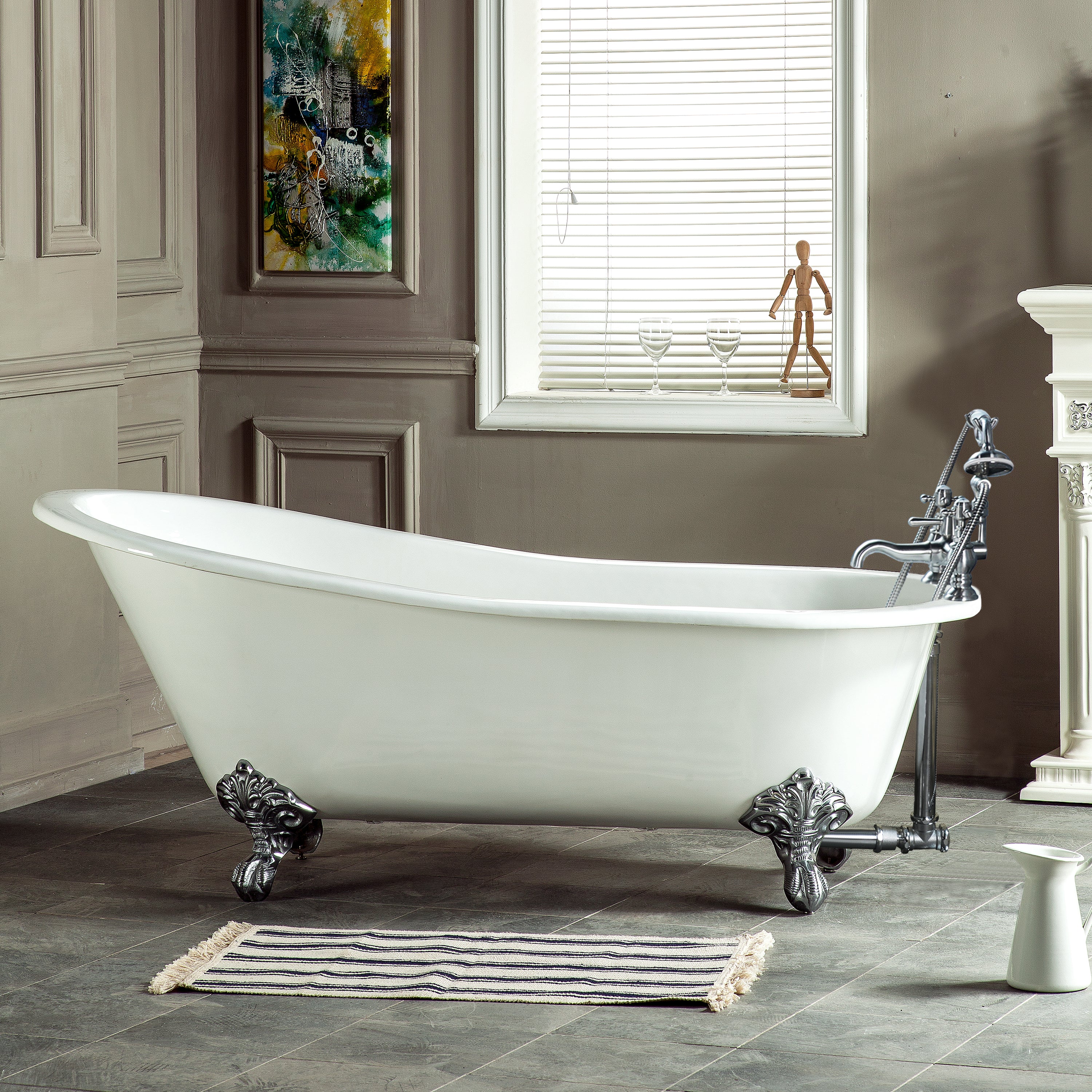 Aqua Eden NHVCT7D653129B1 61" Cast Iron Oval Single Slipper Clawfoot Tub (7" Faucet Drillings), White/Polished Chrome