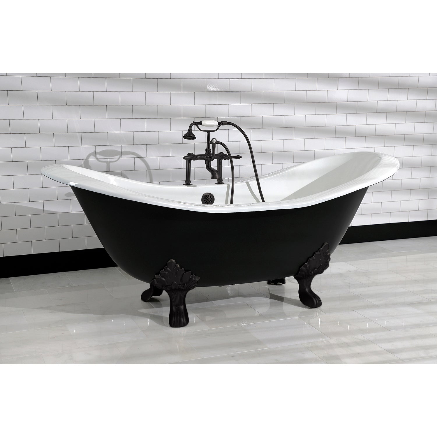 Aqua Eden VBT7D7231NC0 72" Cast Iron Oval Double Slipper Clawfoot Tub (7" Faucet Drillings), White/Matte Black