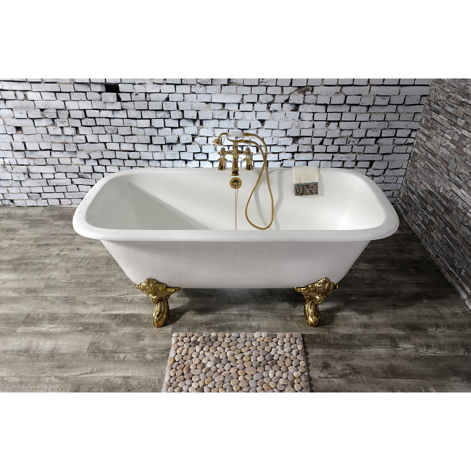 Aqua Eden VCTQ7D6732NL2 67" Cast Iron Rectangular Double Ended Clawfoot Tub (7" Faucet Drillings), White/Polished Brass