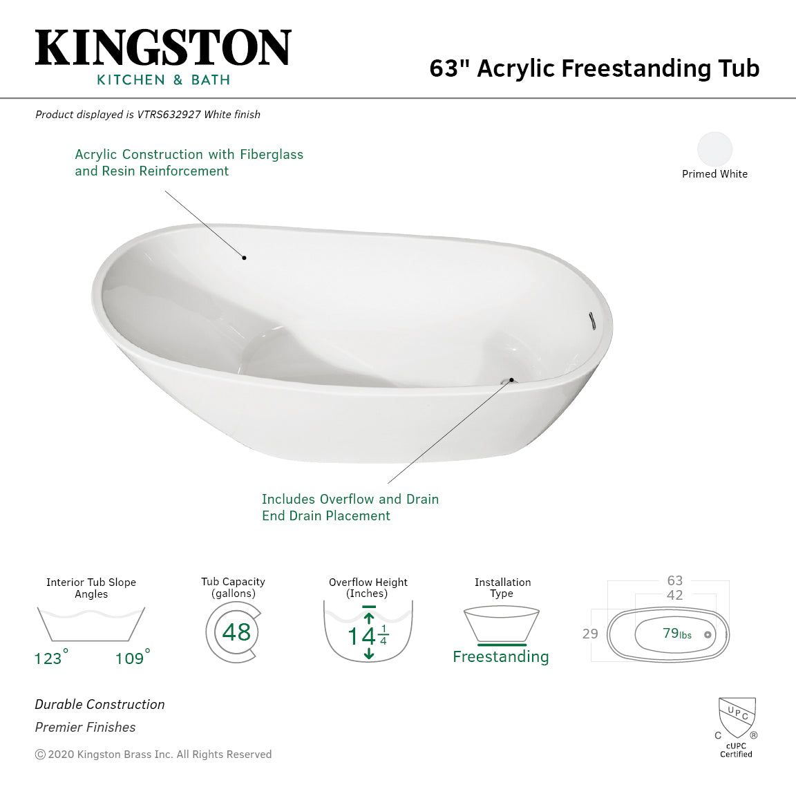 Kingston Brass VTRS632927 63" Acrylic Oval Single Slipper Freestanding Tub with Drain, Glossy White