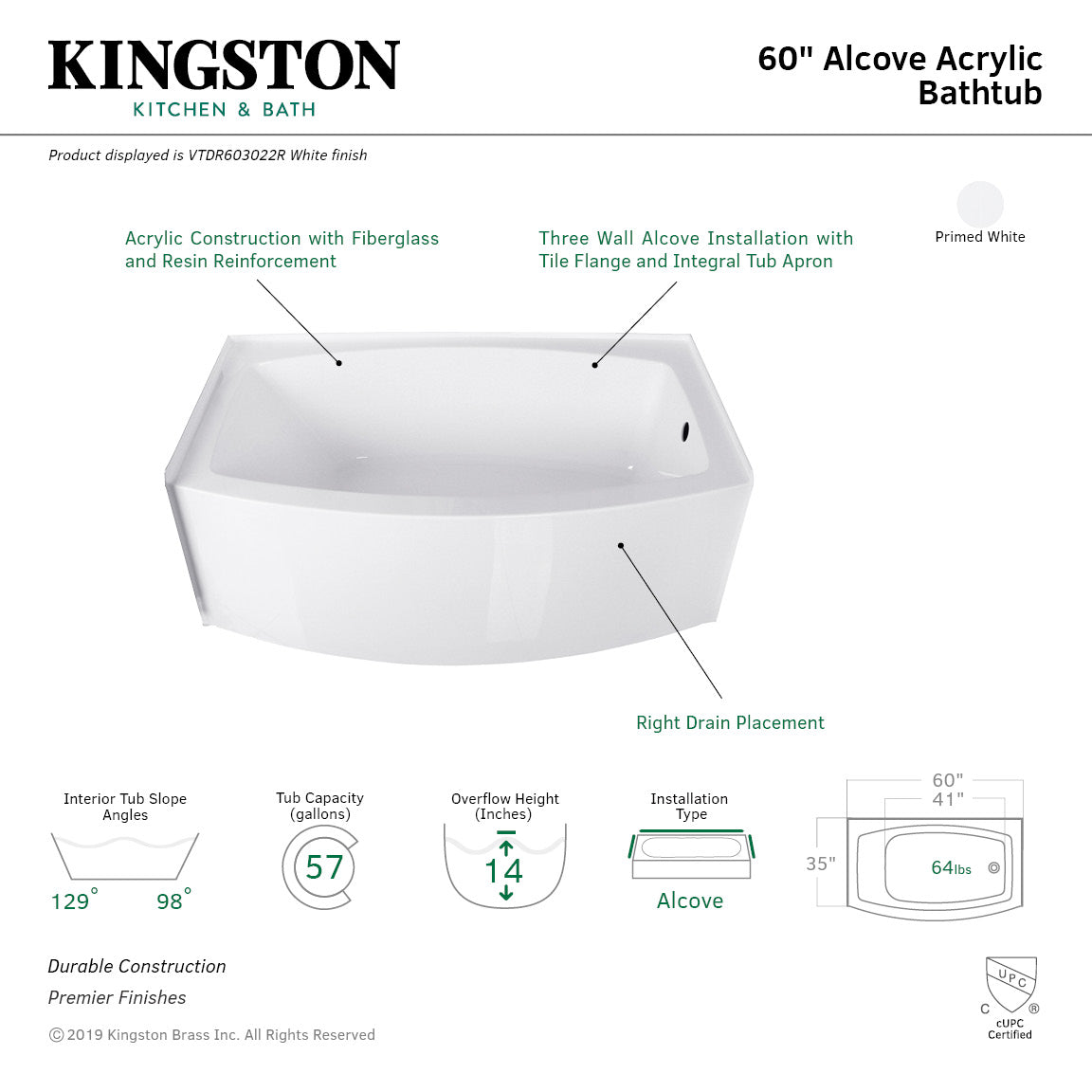 Aqua Eden VTDR603022R 60" Acrylic Rectangular 3-Wall Alcove Tub, Right Hand Drain Hole, Glossy White