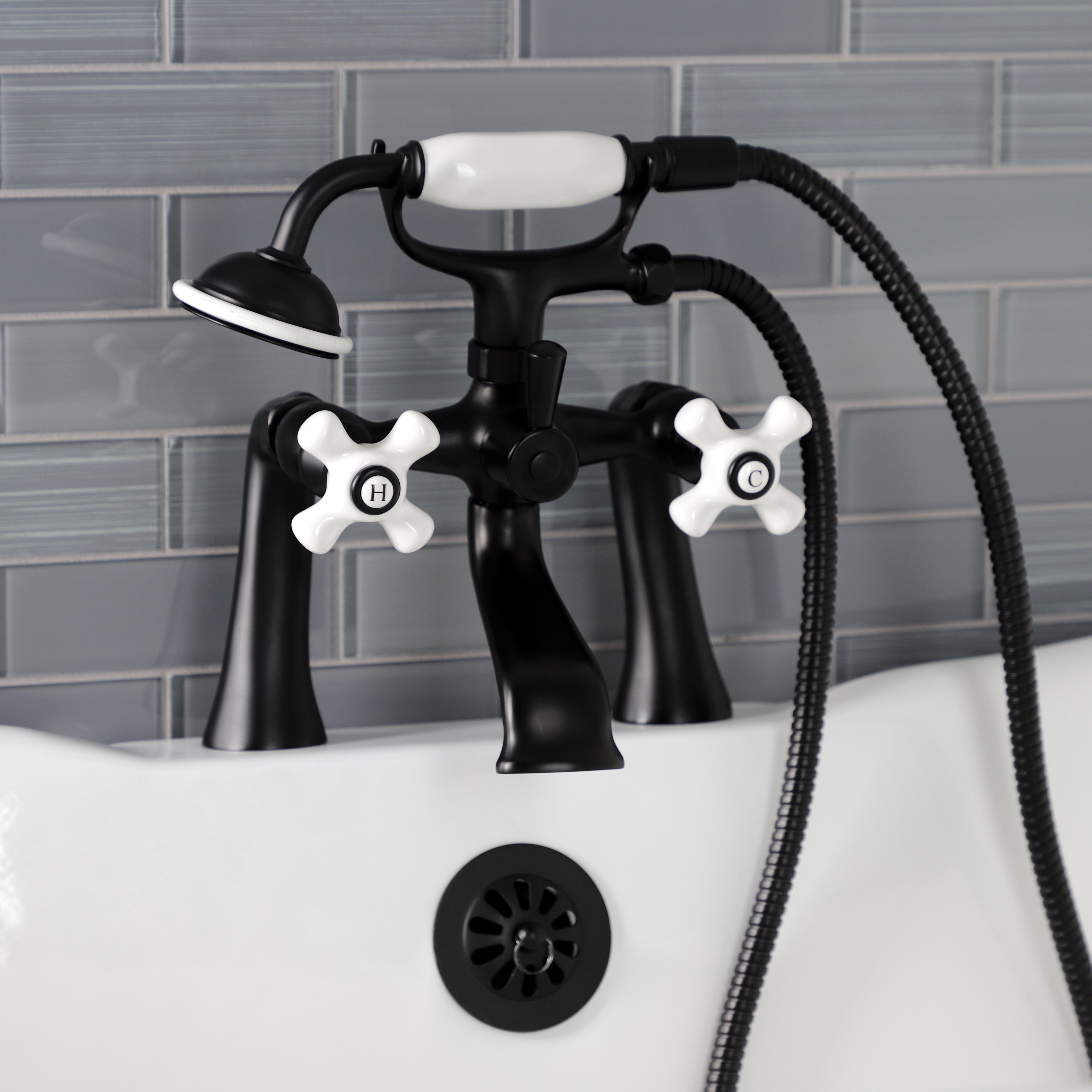 Kingston Brass KS268PXMB Kingston 7" Center Deck-Mount Clawfoot Tub Faucet with Hand Shower, Matte Black