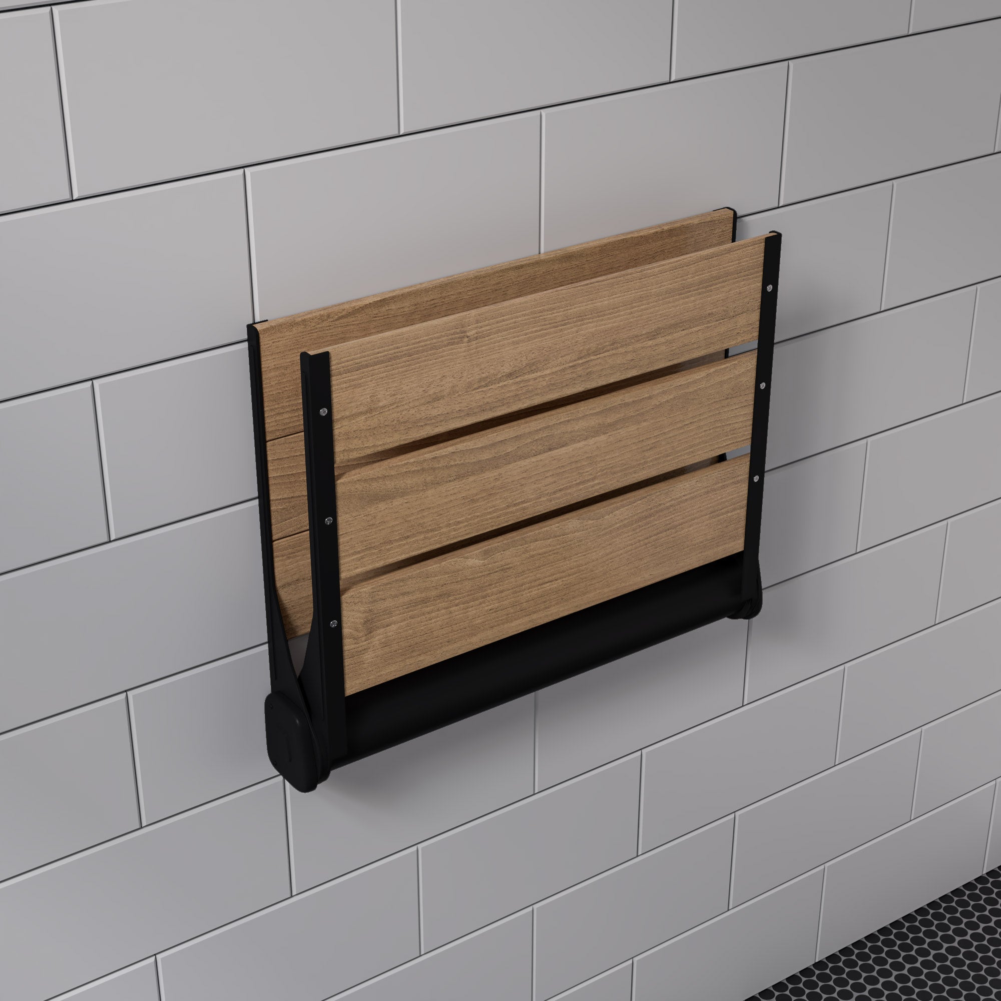 ALFI ABS17-BM Black Matte 17" Wide Foldable Teak Shower Seat with Backrest