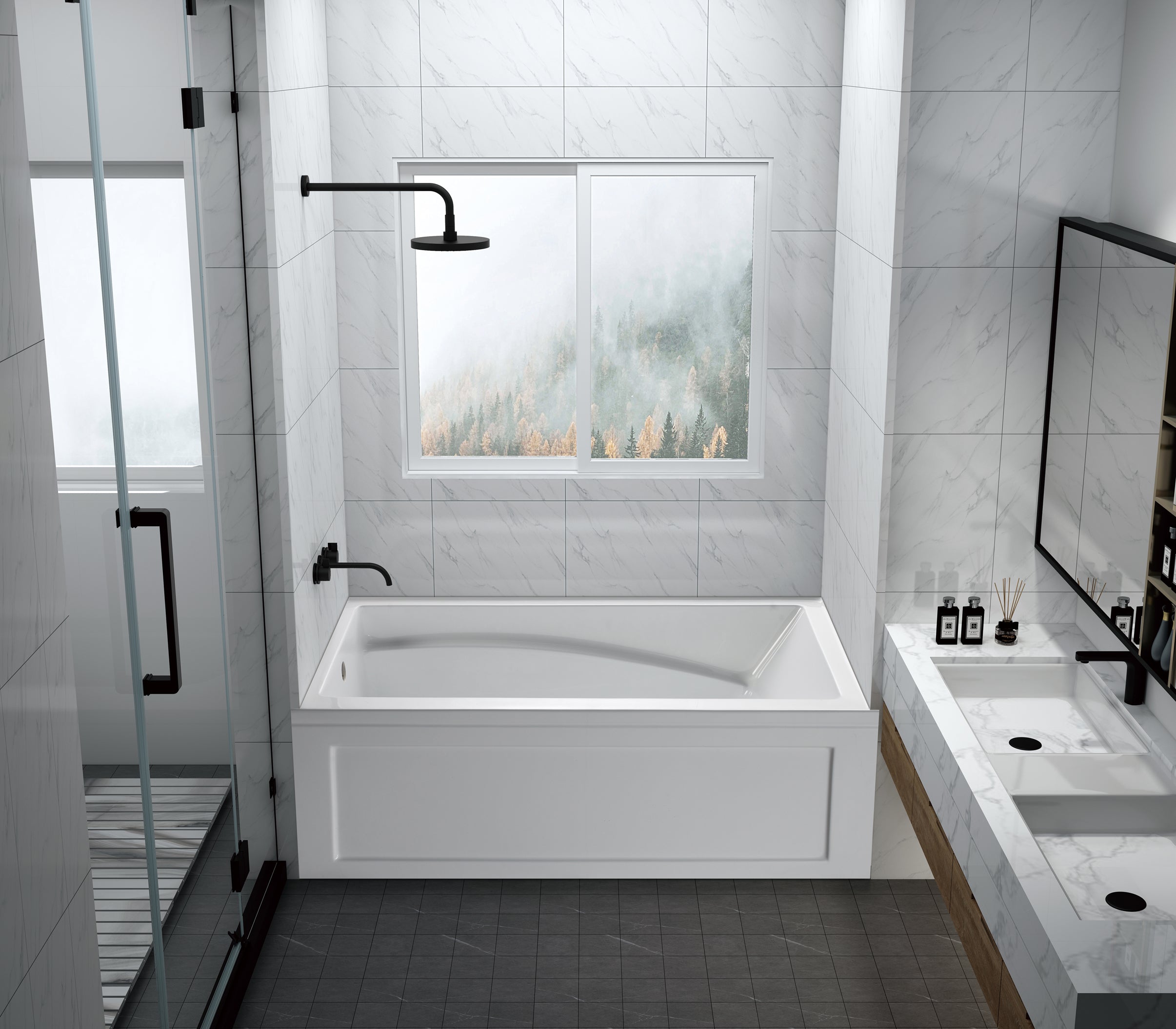 Aqua Eden VTAM6032L22B 60" Acrylic Rectangular 3-Wall Alcove Tub with Armrest and Anti-Skid Surface, Left Hand Drain, Glossy White