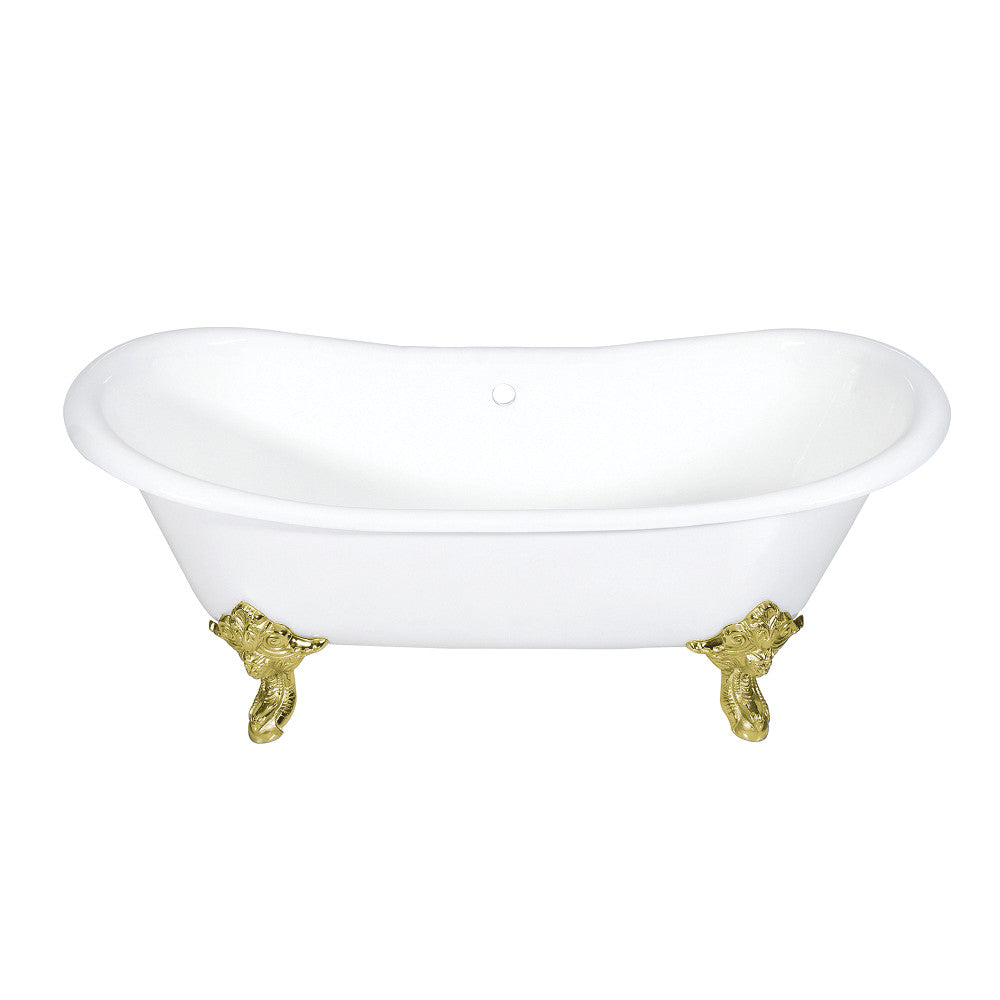 Aqua Eden VCTNDS7231NL2 72" Cast Iron Oval Double Slipper Clawfoot Tub (No Faucet Drillings), White/Polished Brass