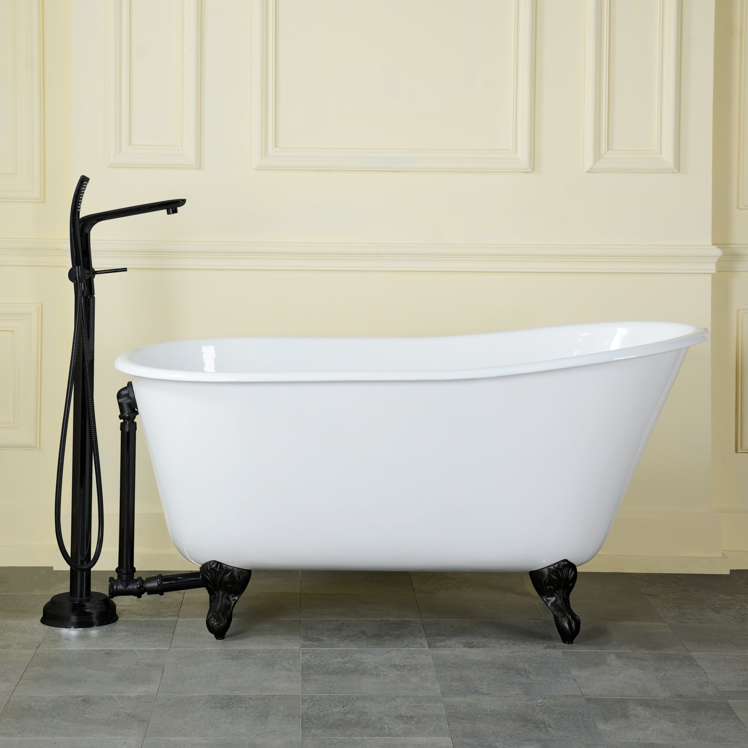 Aqua Eden VCTND5728NT0 57" Cast Iron Oval Single Slipper Clawfoot Tub (No Faucet Drillings), White/Matte Black