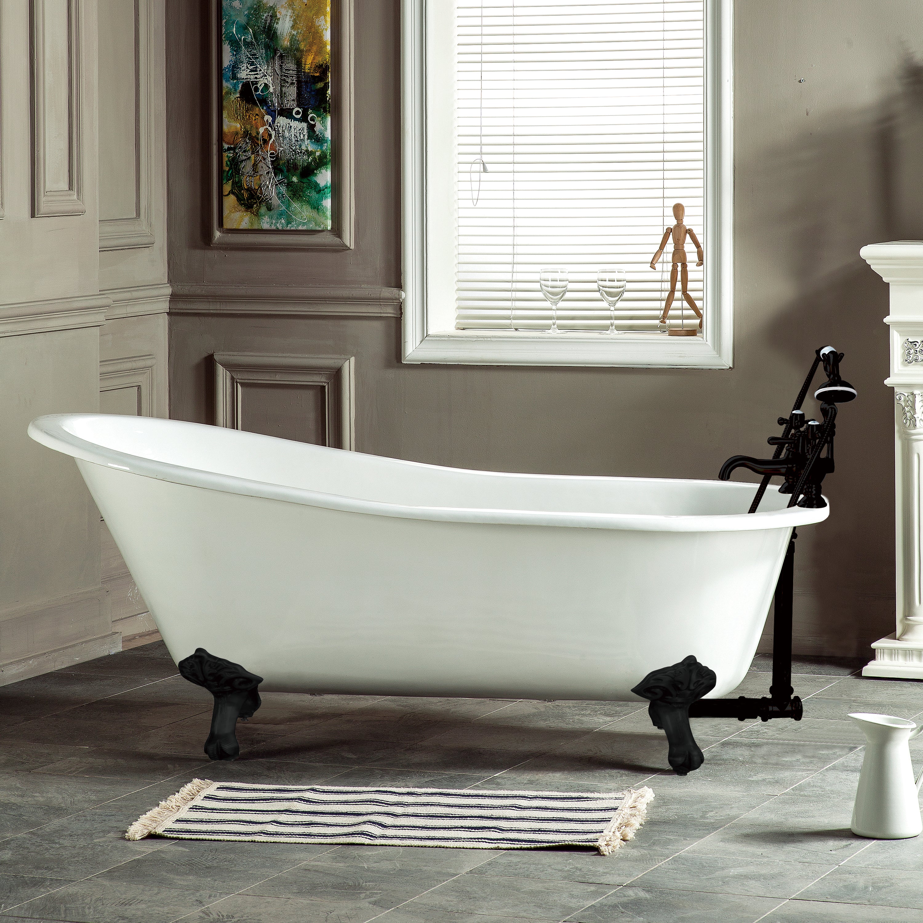 Aqua Eden VCT7D5731B0 57" Cast Iron Oval Single Slipper Clawfoot Tub (7" Faucet Drillings), White/Matte Black