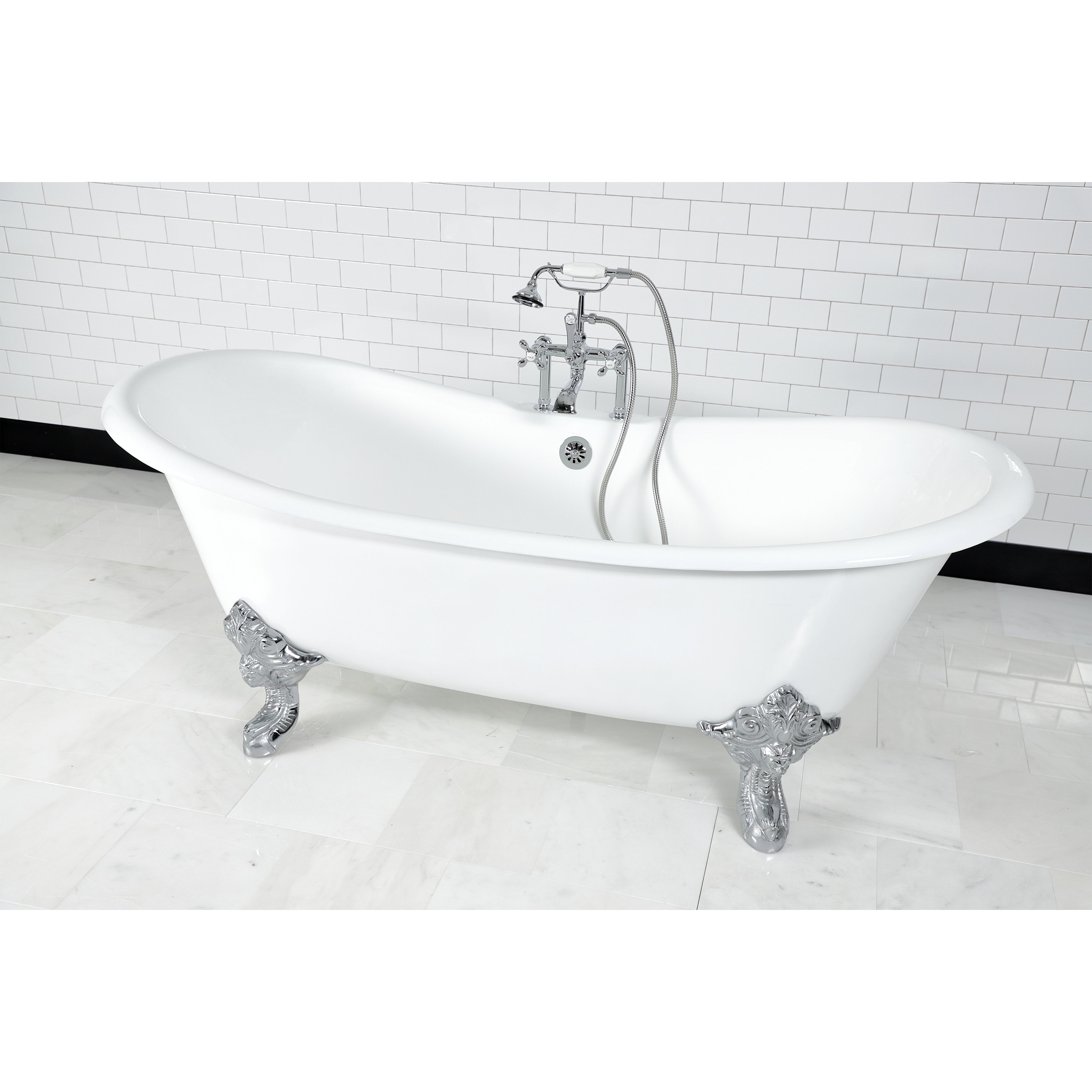 Aqua Eden VCT7DS7231NL1 72" Cast Iron Oval Double Slipper Clawfoot Tub (7" Faucet Drillings), White/Polished Chrome