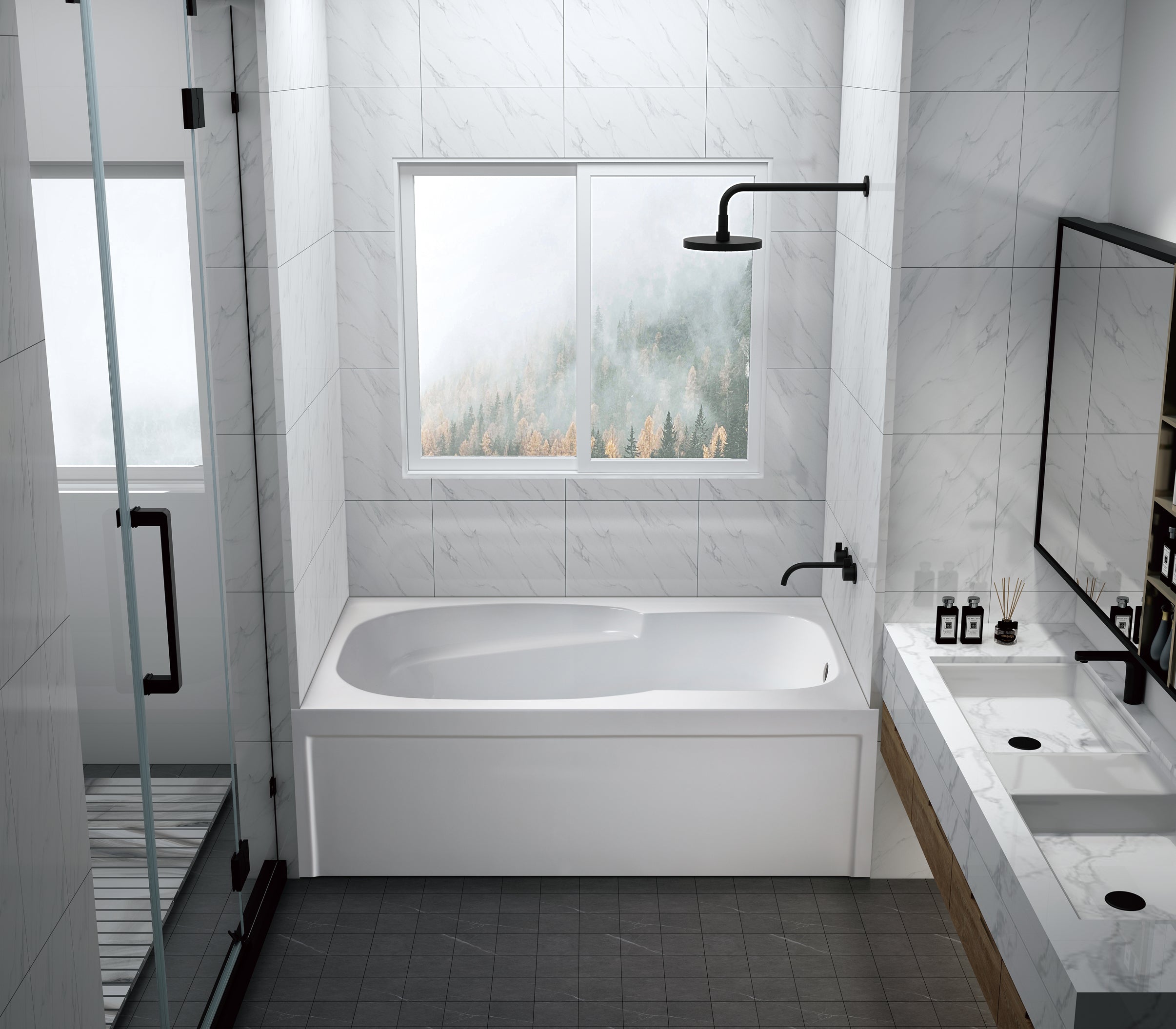 Aqua Eden VTAM6031R21A 60" Acrylic Rectangular 3-Wall Alcove Tub with Armrests and Anti-Skid Surface, Right Hand Drain, Glossy White