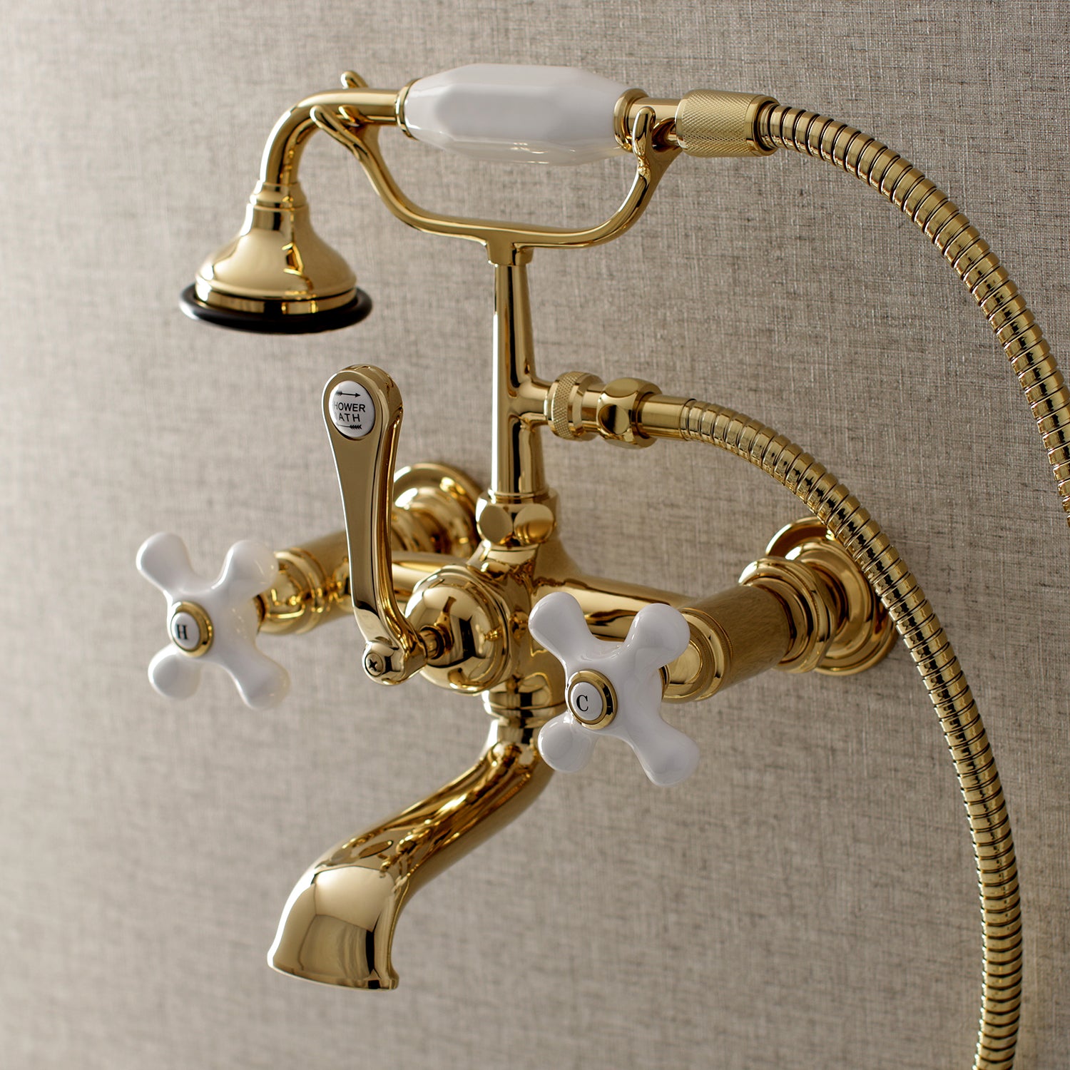 Kingston Brass AE559T2 Aqua Vintage 7-Inch Wall Mount Tub Faucet with Hand Shower, Polished Brass
