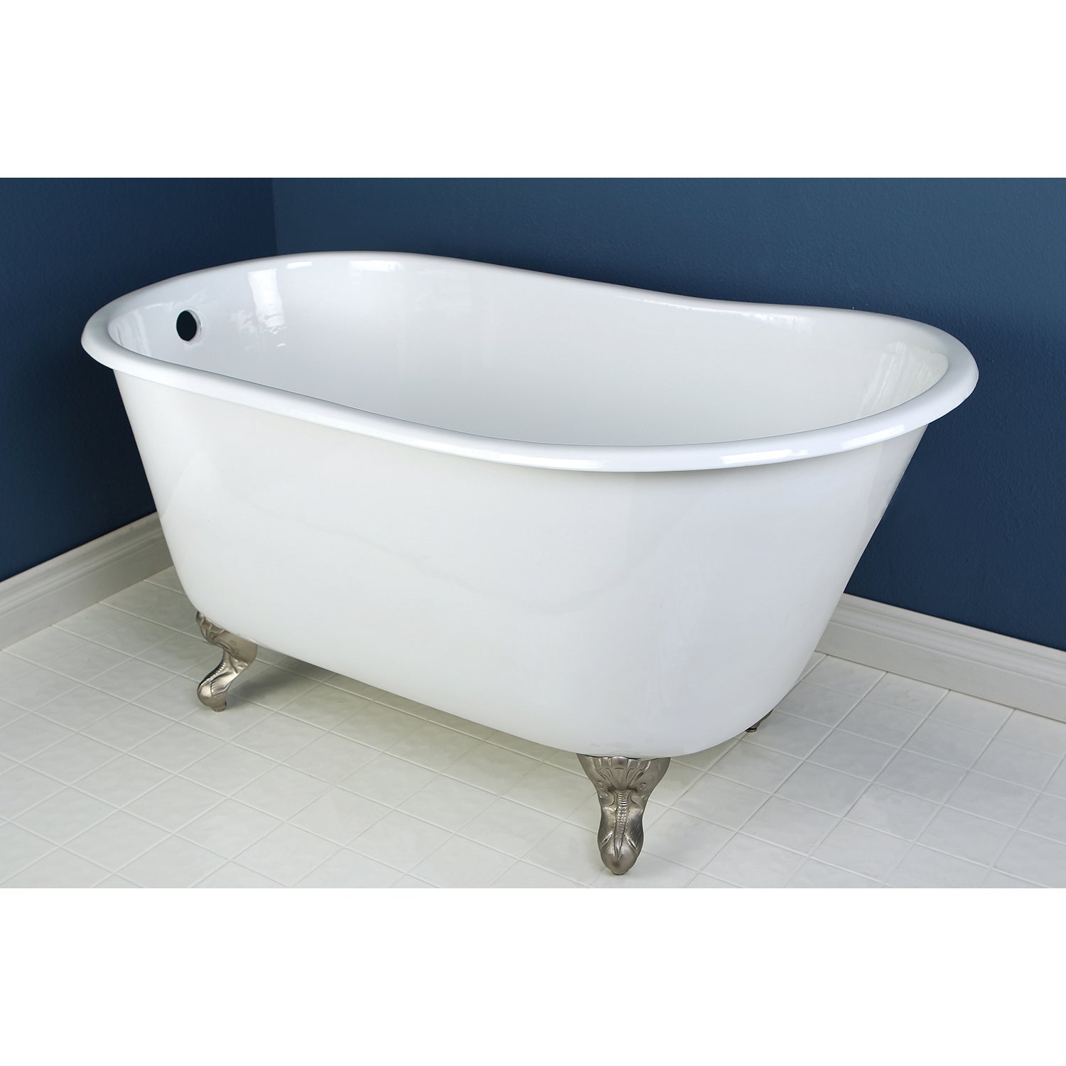 Aqua Eden VCTND5328NT8 53" Cast Iron Oval Single Slipper Clawfoot Tub (No Faucet Drillings), White/Brushed Nickel