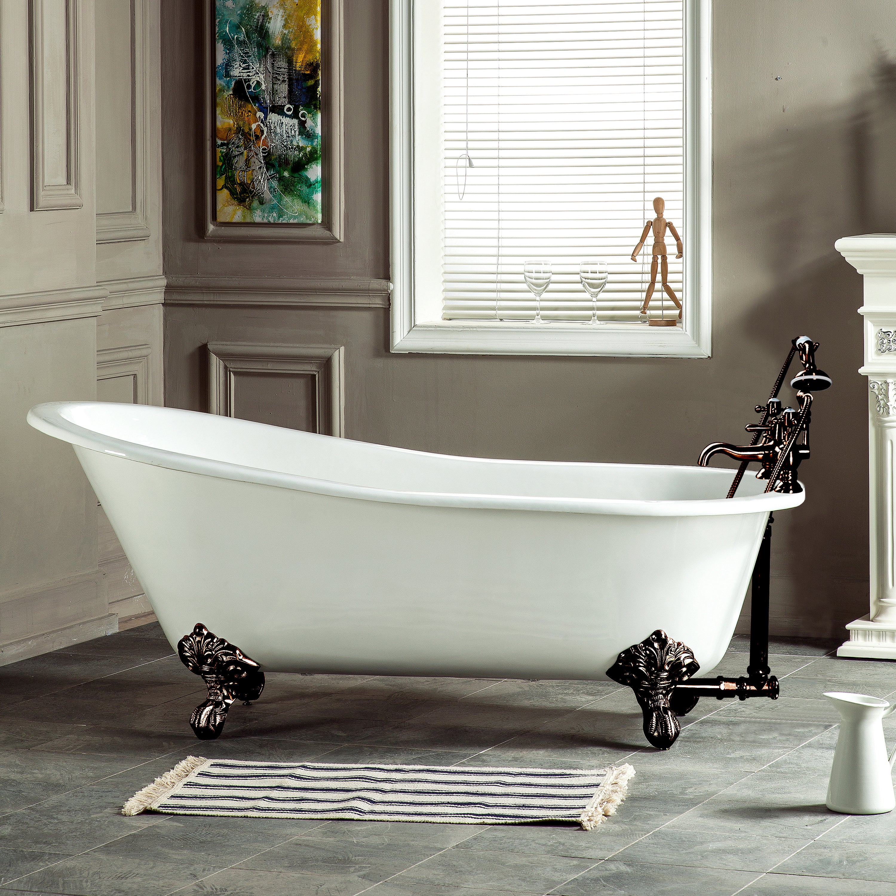 Aqua Eden VCT7D5431B5 54" Cast Iron Oval Single Slipper Clawfoot Tub (7" Faucet Drillings), White/Oil Rubbed Bronze