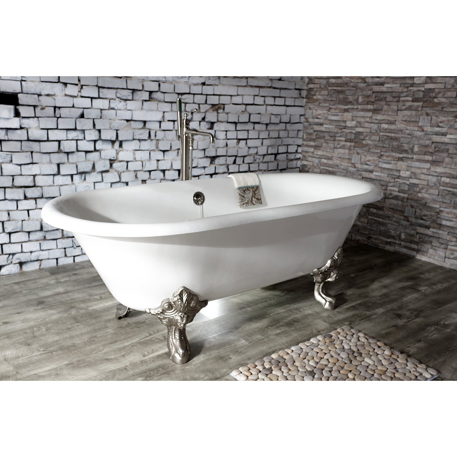 Aqua Eden VCTDE7232NL8 72" Cast Iron Oval Double Ended Clawfoot Tub (No Faucet Drillings), White/Brushed Nickel