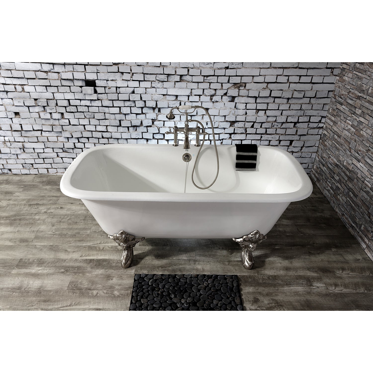 Aqua Eden VCTQ7D6732NL8 67" Cast Iron Rectangular Double Ended Clawfoot Tub (7" Faucet Drillings), White/Brushed Nickel