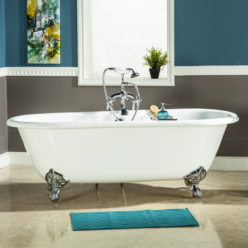 Aqua Eden VCTND663013NB1 66" Cast Iron Oval Double Ended Clawfoot Tub (No Faucet Drillings), White/Polished Chrome