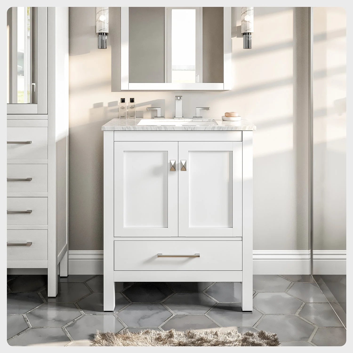 Eviva Aberdeen Transitional Bathroom Vanity w/ White Carrara Top - Bathroom Design Center