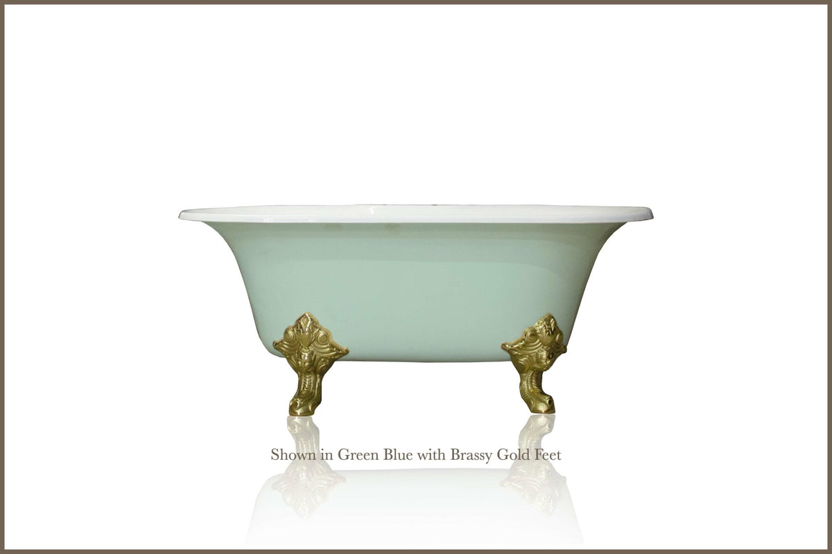 Edwardian Circe double ended cast iron clawfoot bathtub with rolled rim and gold clawfeet