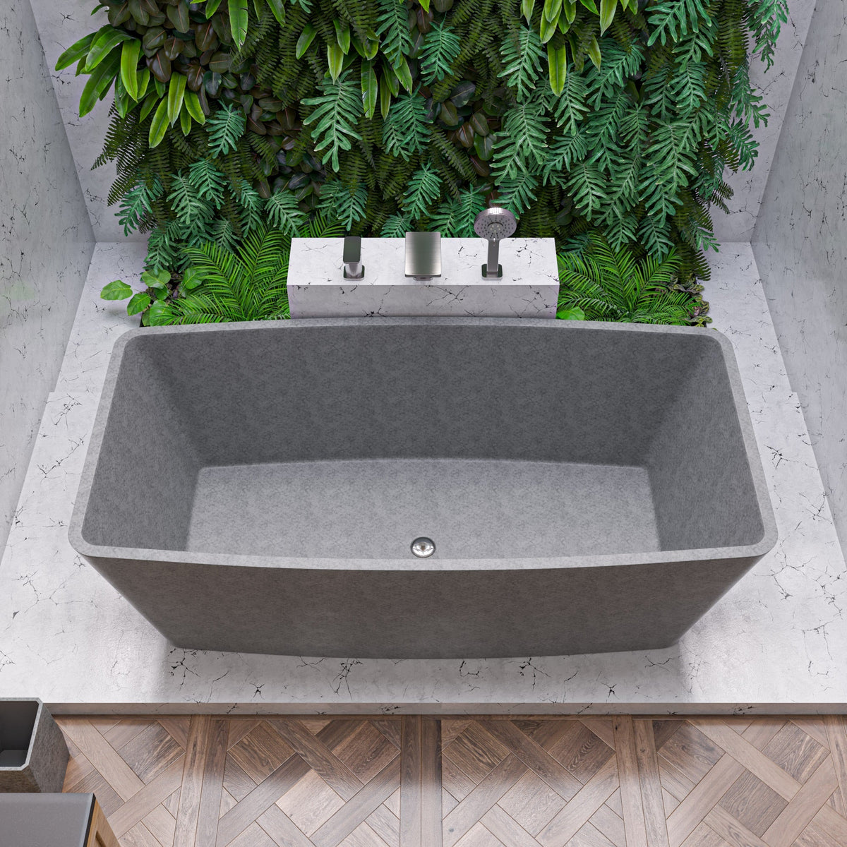 Solid concrete rectangular freestanding soaking tub in gray matte, set in a calm, minimal bathroom