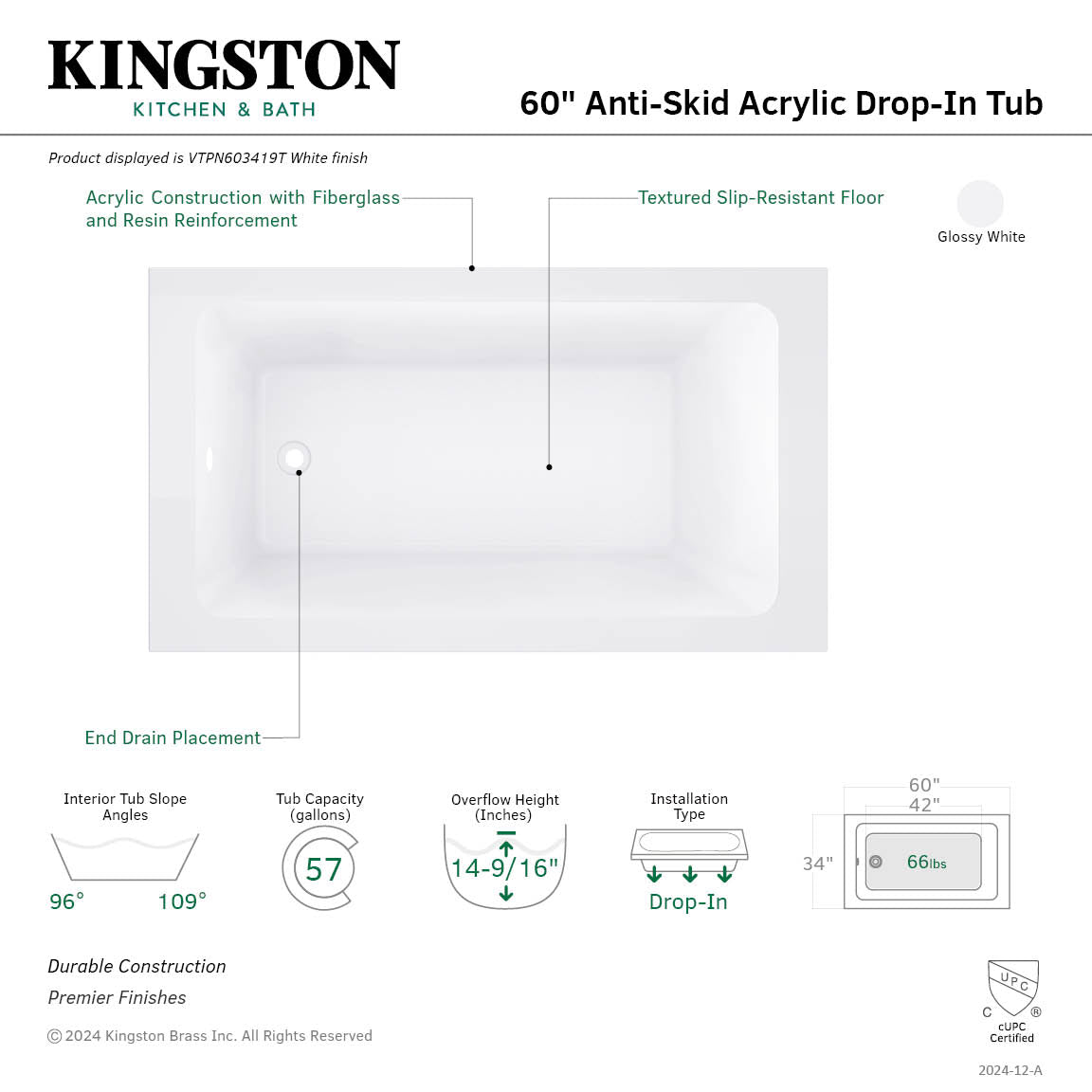 Kingston Brass VTPN603419T 60" Acrylic Rectangular Drop-In Tub with Anti-Skid Surface, Glossy White