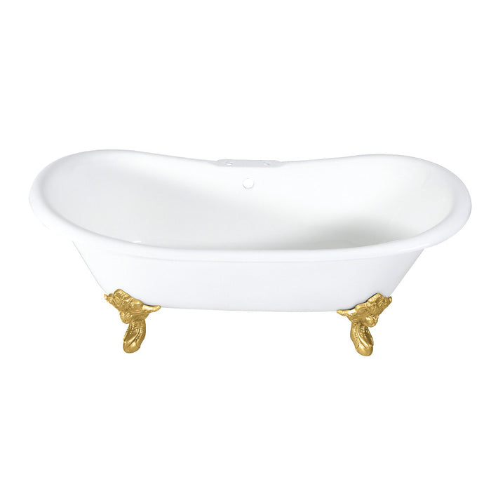 Aqua Eden VCT7DS7231NL7 72" Cast Iron Oval Double Slipper Clawfoot Tub (7" Faucet Drillings), White/Brushed Brass