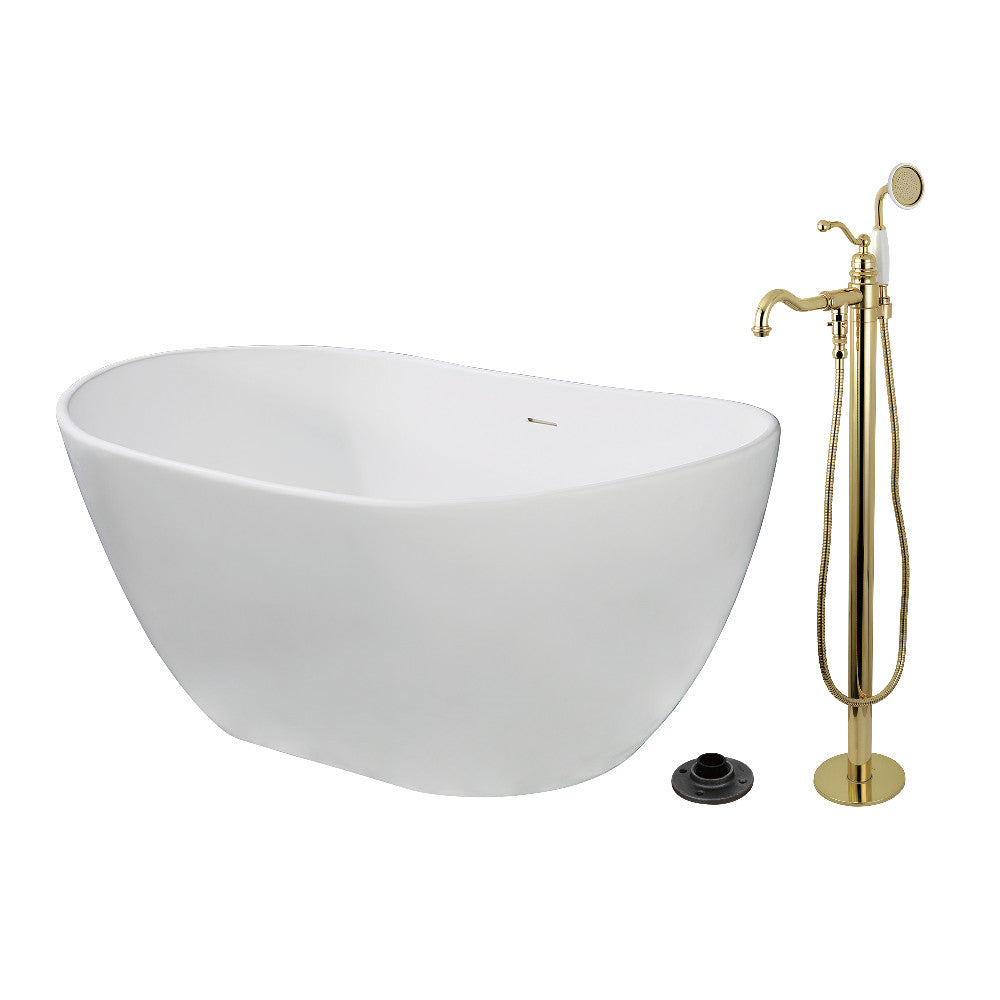 Kingston Brass KRTRS5732132AL 57" Solid Surface Oval Double Slipper Freestanding Tub with Faucet Combo and Drain, Polished Brass