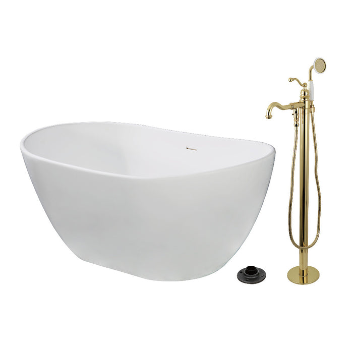 Kingston Brass KRTRS5732132AL 57" Solid Surface Oval Double Slipper Freestanding Tub with Faucet Combo and Drain, Polished Brass