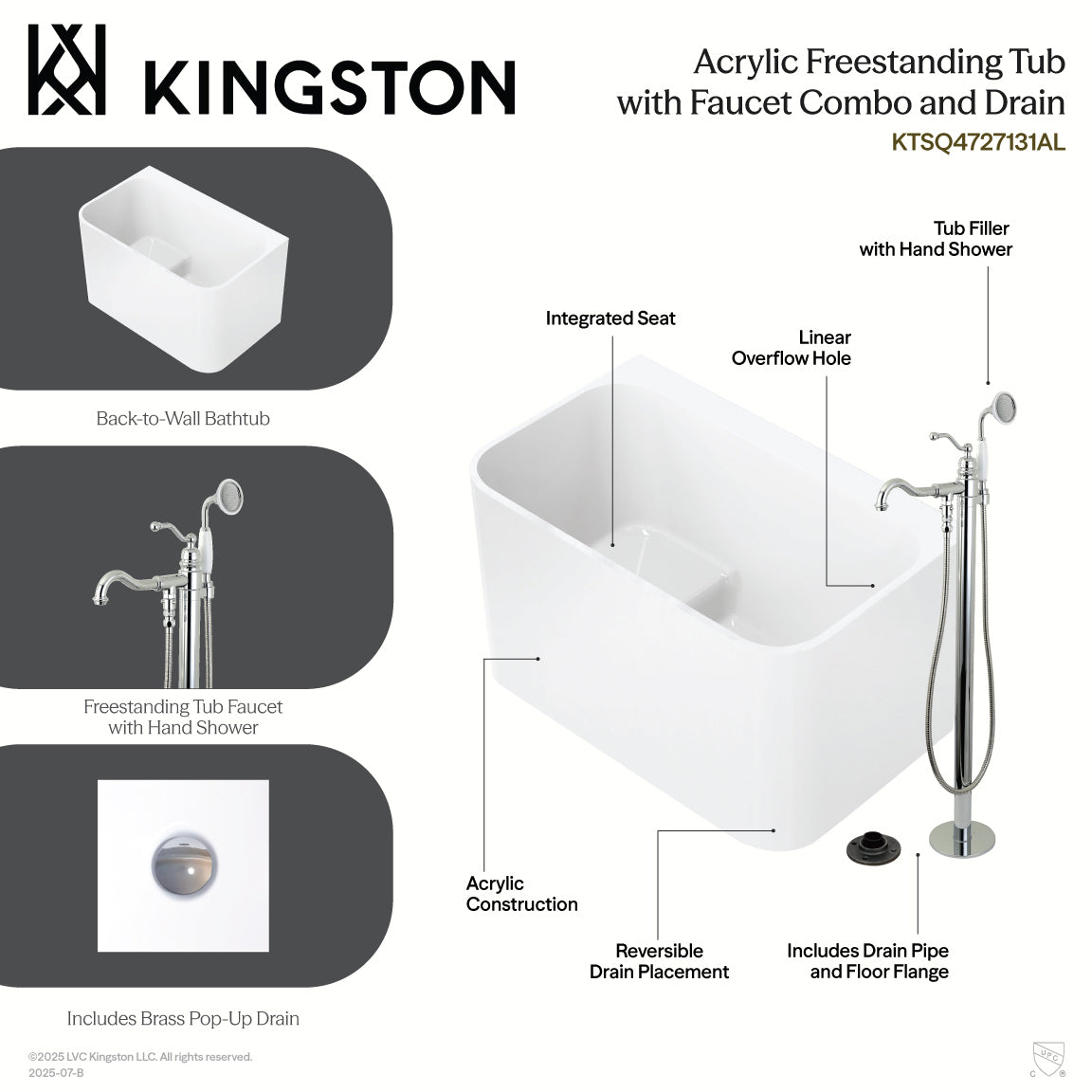 Kingston Brass KTSQ4727131AL 47" Acrylic Rectangular Back-to-Wall Freestanding Tub with Faucet and Drain, Glossy White/Polished Chrome