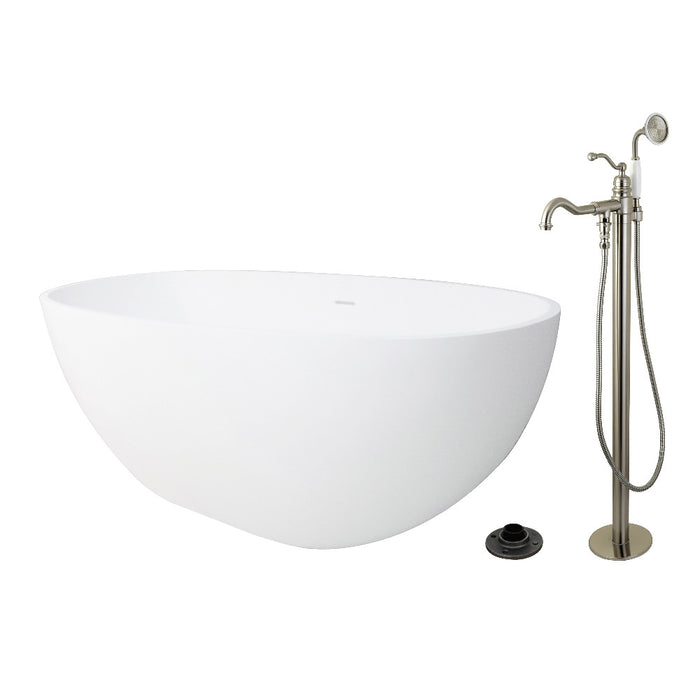 Kingston Brass KRTRS6531138AL 65" Solid Surface Oval Double Ended Freestanding Tub with Faucet Combo and Drain, Brushed Nickel