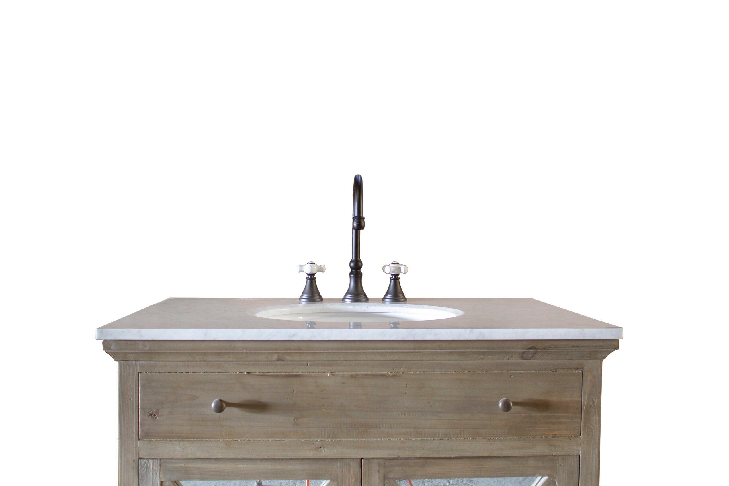 WatermarkFixtures St. Helena 36” Reclaimed Wood & Carrera Marble French Farmhouse Style Single Bath Vanity - Bathroom Design Center