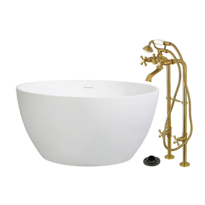 Kingston Brass KRTRO4545266K7 45" Solid Surface Round Double Ended Freestanding Tub with Faucet Combo and Drain, Brushed Brass