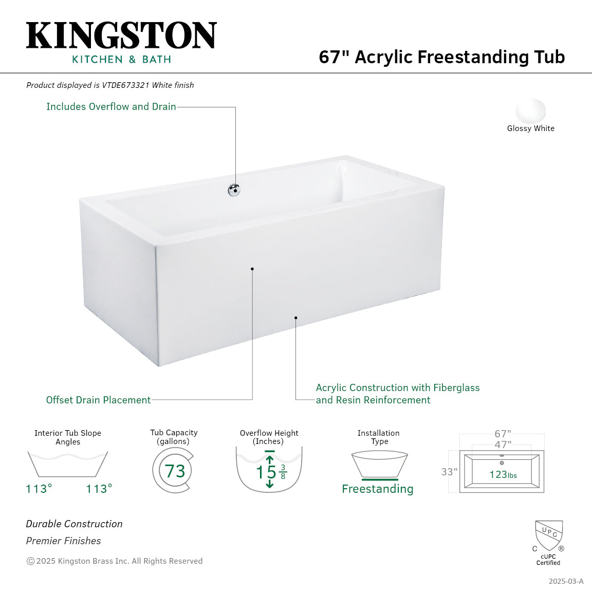 Kingston Brass VTDE673321 67" Acrylic Rectangular Double Ended Freestanding Tub with Drain, Glossy White