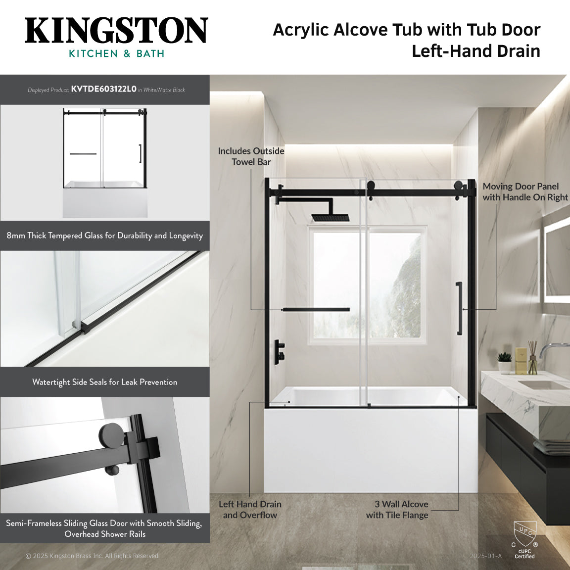 Kingston Brass KVTDE603122L1 60" Acrylic Rectangular 3-Wall Alcove Tub Combo with Tub Door (Left Hand Drain), White/Polished Chrome