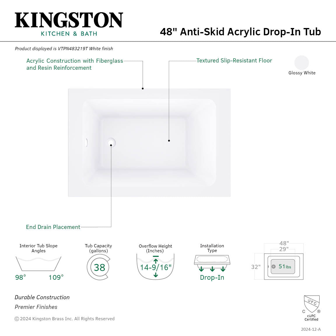 Kingston Brass VTPN483219T 48" Acrylic Rectangular Drop-In Tub with Anti-Skid Surface, Glossy White