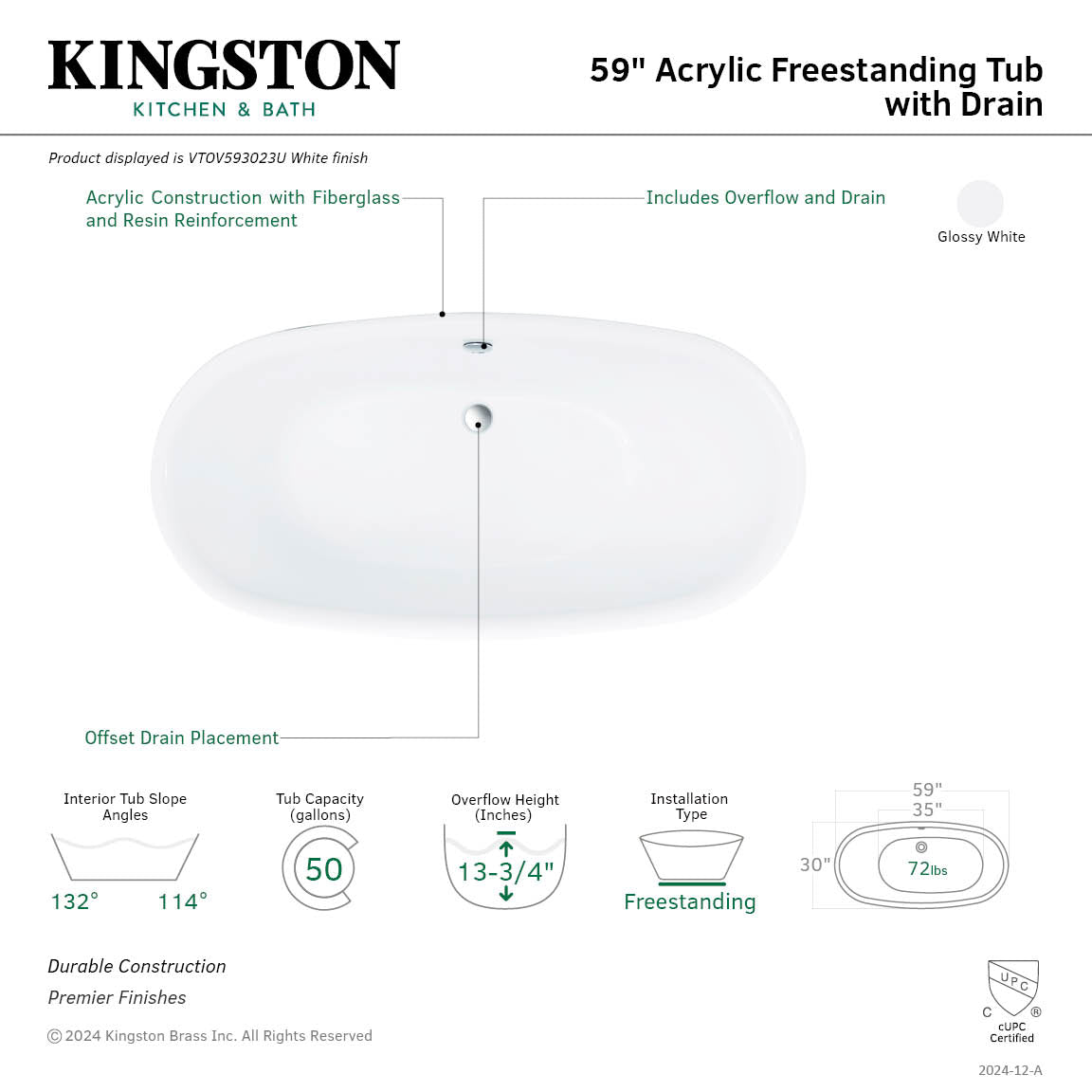 Kingston Brass VTOV593023U 59" Acrylic Oval Double Ended Freestanding Tub with Drain, Glossy White