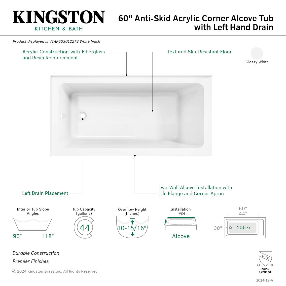 Aqua Eden VTAP6030L22TS 60" Acrylic Rectangular 2-Wall Corner Alcove Tub, Left Hand Drain, Glossy White