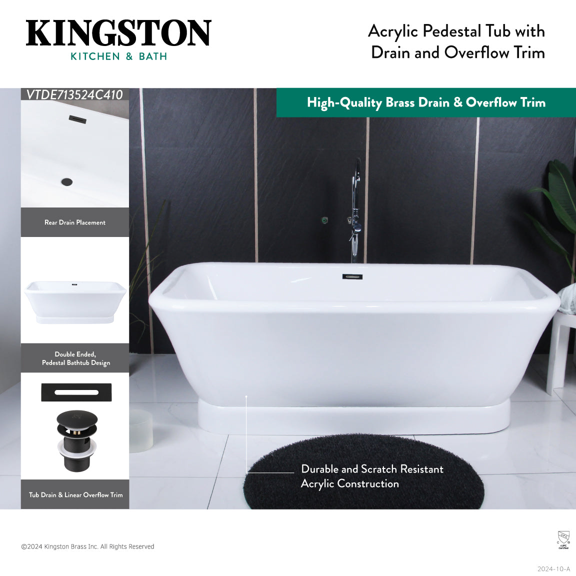 Kingston Brass VTDE713524C413 71" Acrylic Oval Rectangular Double Ended Pedestal Tub with Drain (No Faucet Drillings), Glossy White/Antique Brass