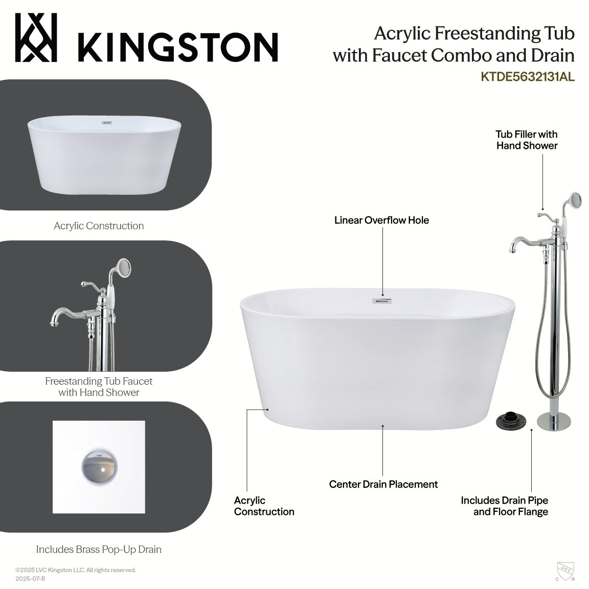 Kingston Brass KTDE5632131AL 56" Acrylic Oval Double Ended Freestanding Tub with Faucet Combo and Drain, Glossy White/Polished Chrome