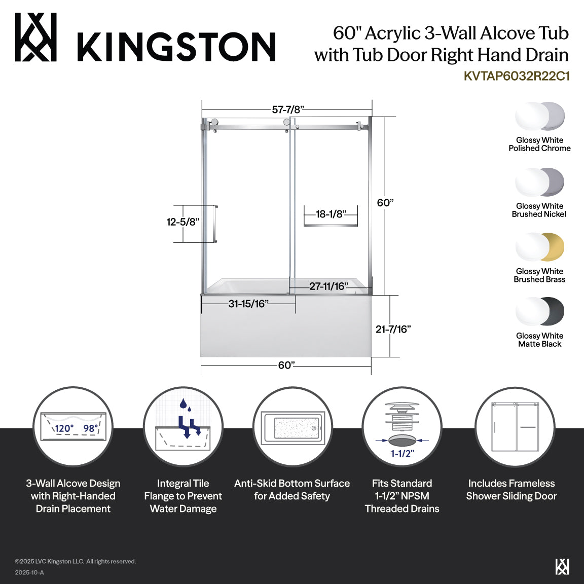 Kingston Brass KVTAP6032R22C0 60" Acrylic Rectangular 3-Wall Anti-Skid Alcove Tub Combo with Tub Door (Right Hand Drain), White/Matte Black