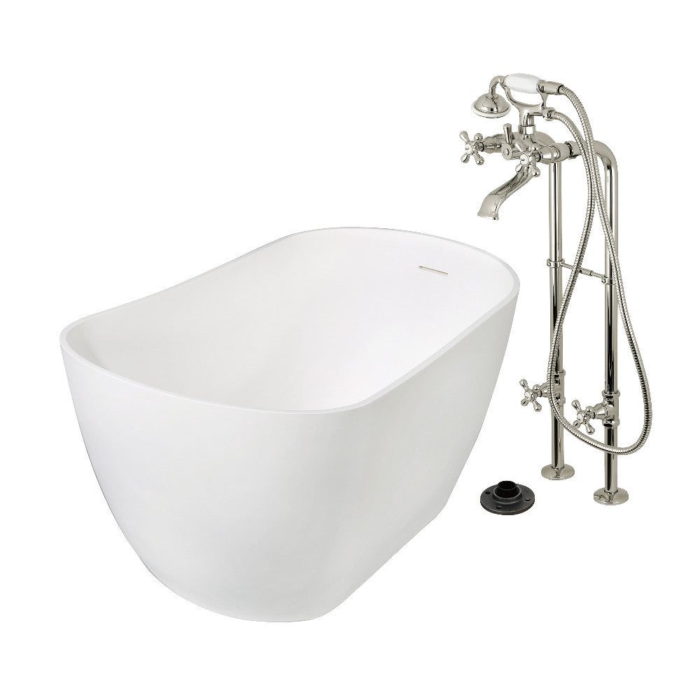 Kingston Brass KRTSS5130266K6 51" Solid Surface Oval Single Slipper Freestanding Tub with Faucet Combo and Drain, Polished Nickel