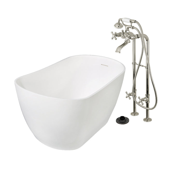 Kingston Brass KRTSS5130266K6 51" Solid Surface Oval Single Slipper Freestanding Tub with Faucet Combo and Drain, Polished Nickel