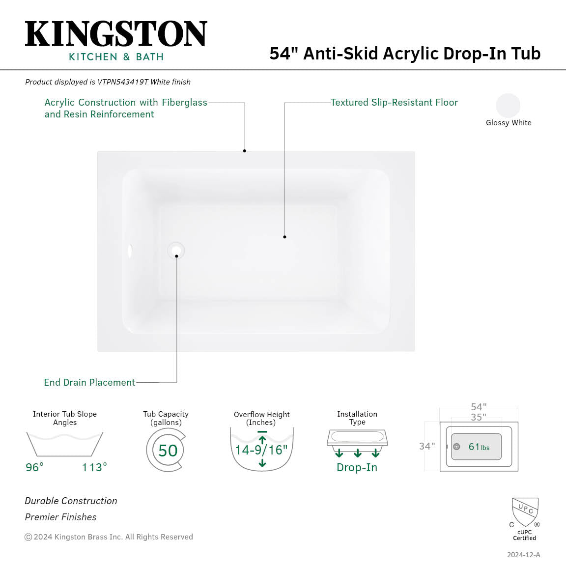 Kingston Brass VTPN543419T 54" Acrylic Rectangular Drop-In Tub with Anti-Skid Surface, Glossy White