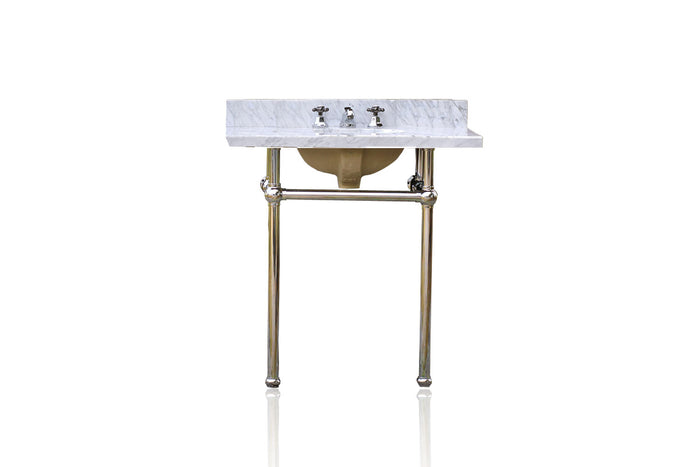 WatermarkFixtures Antique Art Deco Inspired 36 Inch Bath Console Sink Vanity Chrome Legs Carrera Marble