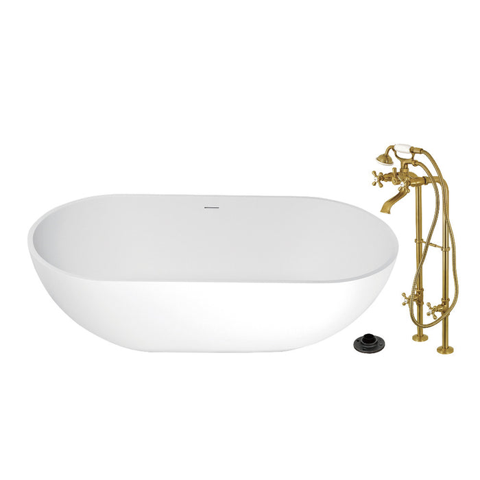 Kingston Brass KRTRS7035266K7 70" Solid Surface Oval Double Ended Freestanding Tub with Faucet Combo and Drain, Brushed Brass